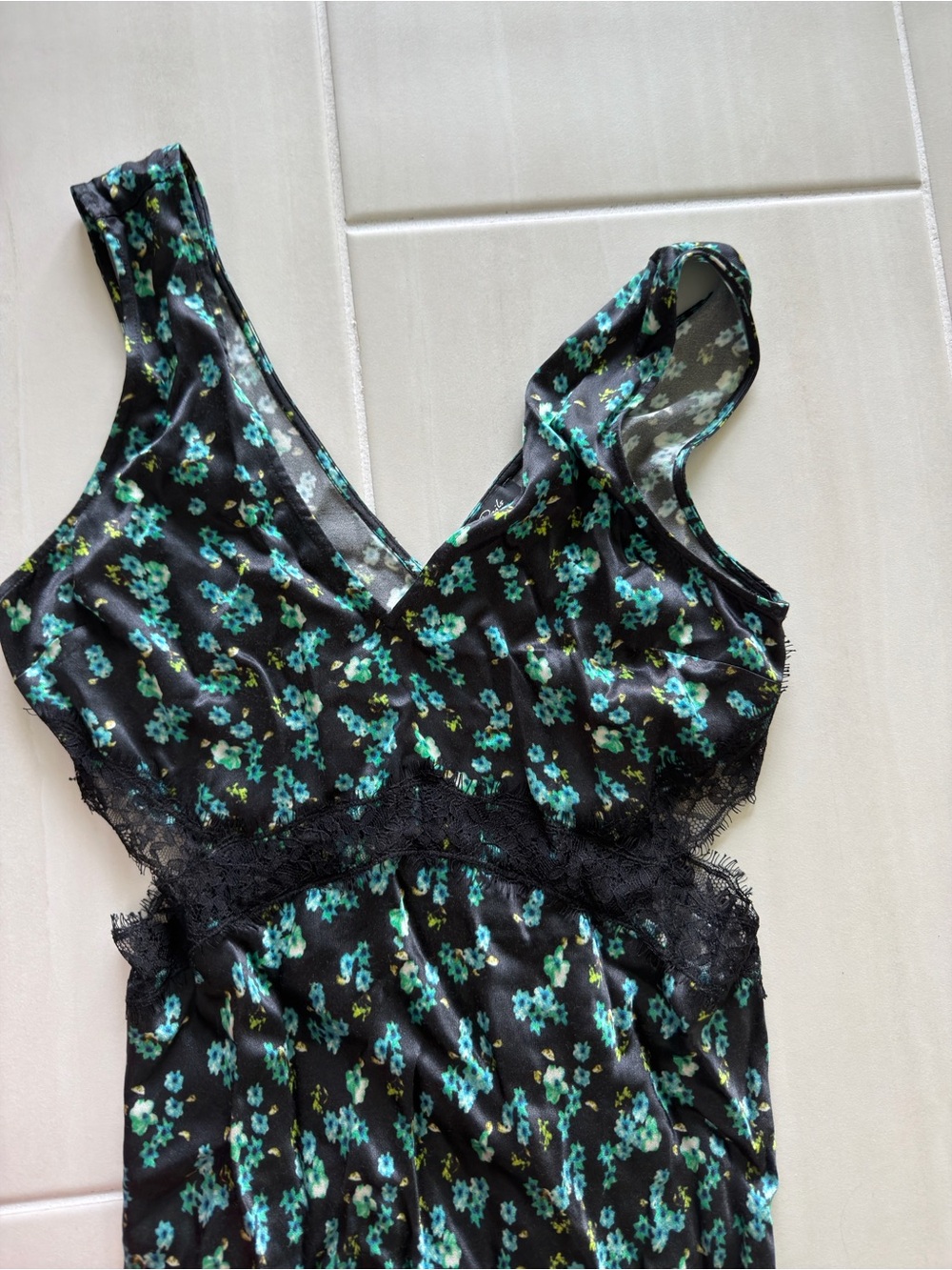 Rails Black Maxi Dress with Green Floral Print and Lace Trim